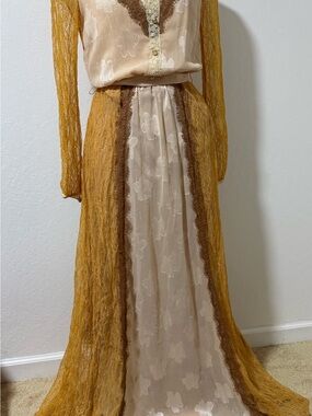 Champagne & Strawberry Vintage-Inspired Mustard Lace Panel Maxi Skirt